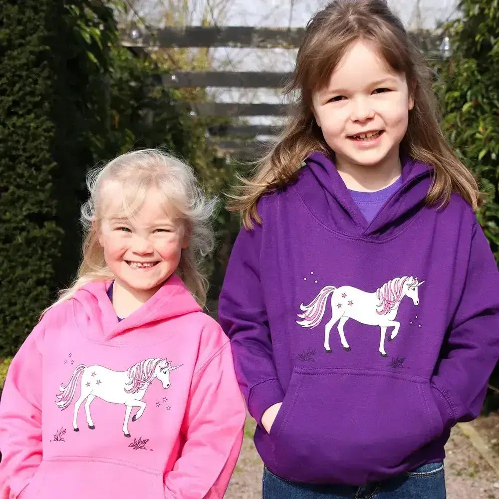 Pink and purple unicorn childs hoodie from british country collection with white embroidered dancing unicorn and star details