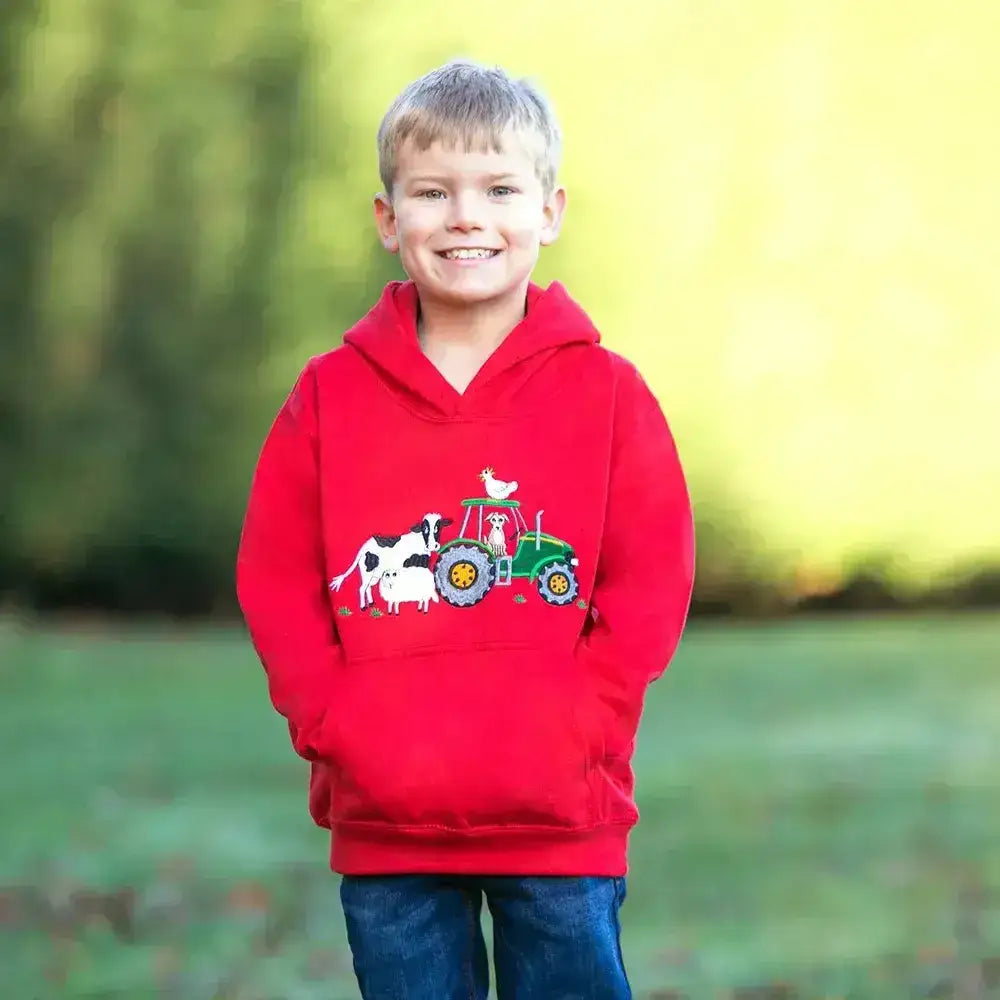 Red childrens hoodie from british country collection with farmyard childrens applique of tractor cow and chicken