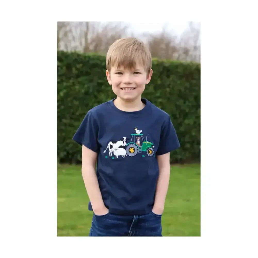 Navy blue cotton t-shirt from british country collection with colorful tractor and farm animals graphic for kids