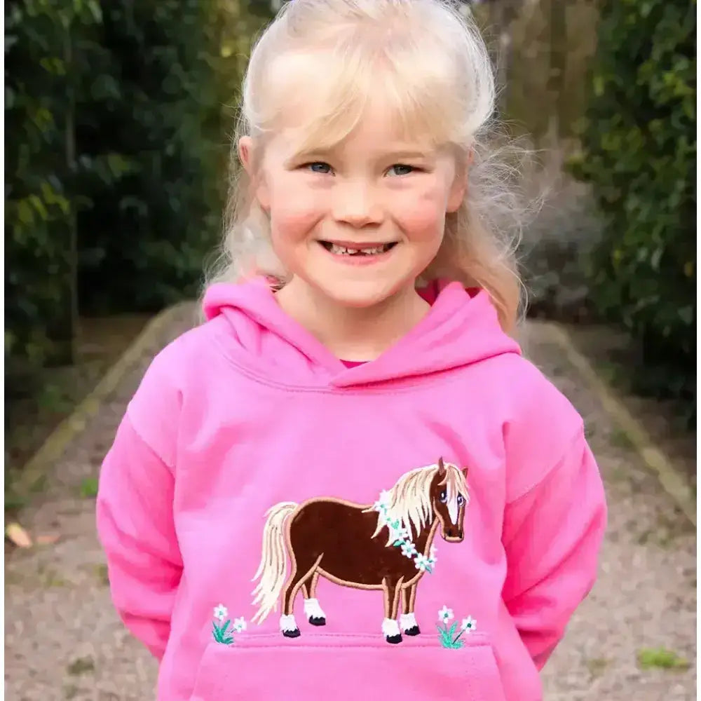 A bright pink flora pony childrens hoodie from the british country collection with an embroidered brown horse design