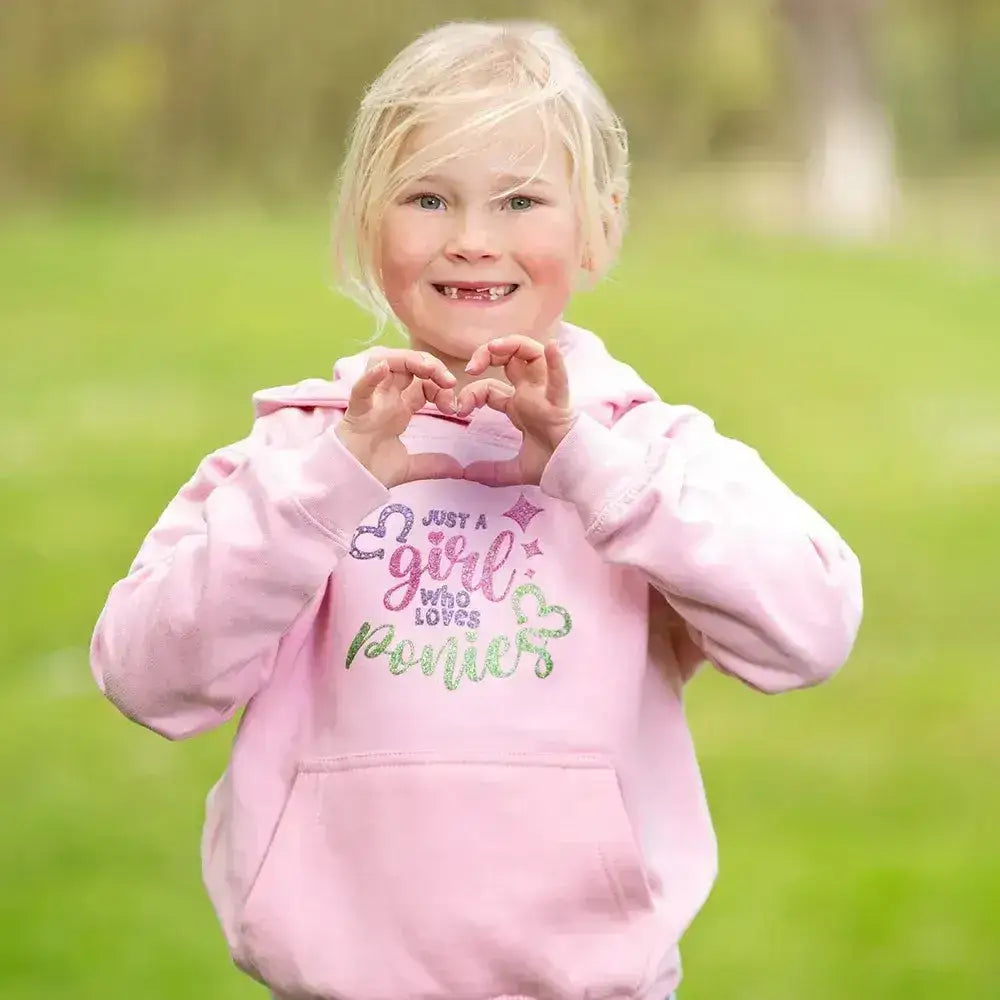 Pink hoodie from british country collection with loves ponies slogan in glittery script and heart designs