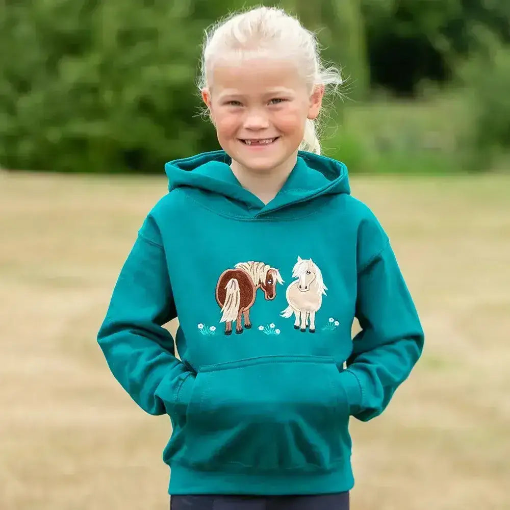 Teal childrens hoodie from british country collection limited edition ruby with embroidered ponies on front