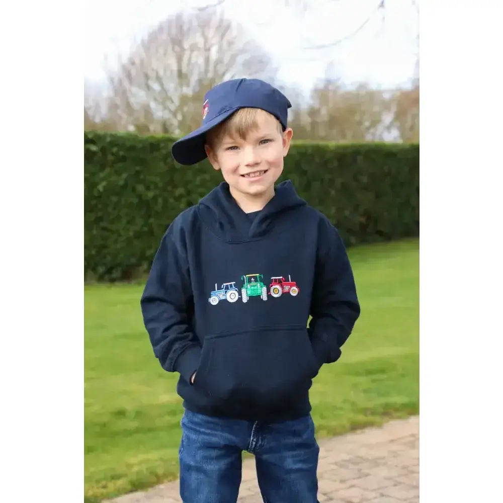 Navy blue british country collection tractors childrens hoodie with embroidered blue green and red tractors on front
