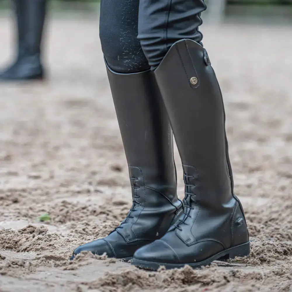 Black leather brogini alberto piccino field boots child with laces and metallic button detail