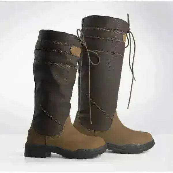 Dark brown and tan brogini derbyshire waterproof country boots with leather accents and adjustable laces standard calf