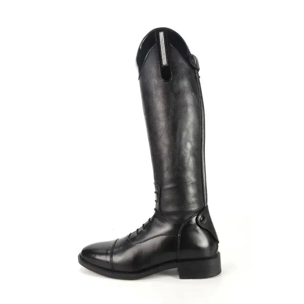Black leather brogini kb44 kids como riding boot with polished finish and subtle silver zipper on the back