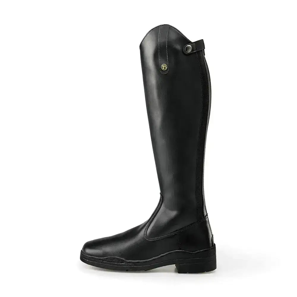 Black leather brogini modena synthetic long riding boot with glossy finish and subtle logo emblem near the top