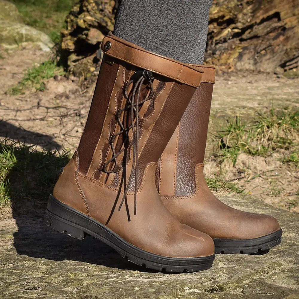 Brown leather brogini tetbury ankle country boots with lace-up front and black rubber soles for outdoor use