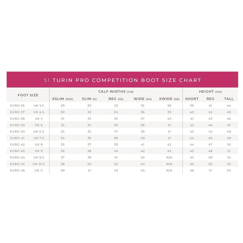The brogini turin pro competition boot size chart shows foot size calf width and height for black dress boots