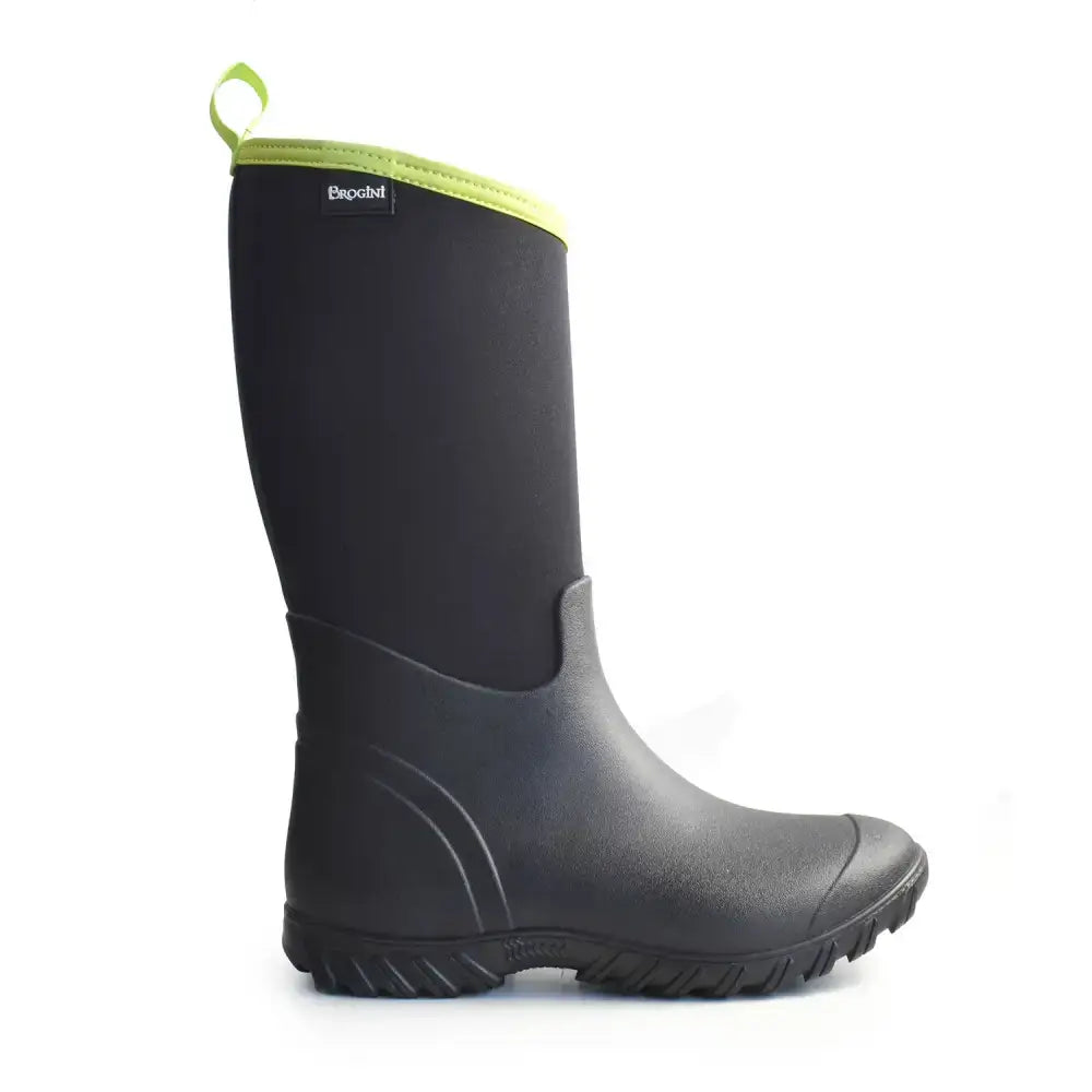 Black rubber brogini wb175 belmont muck boots with lime green pull tab and black label for outdoor use