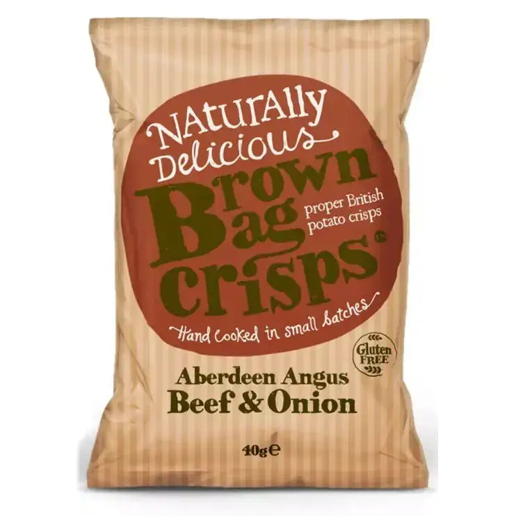 A brown paper bag of brown bag crisps aberdeen angus beef and onion flavor with a red circular label