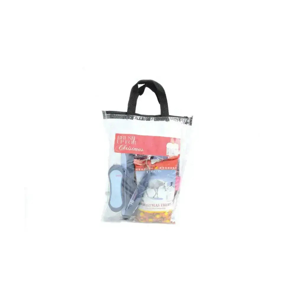 Clear plastic brush up for christmas grooming kit bag with black handles red label and holiday pro groom brushes inside