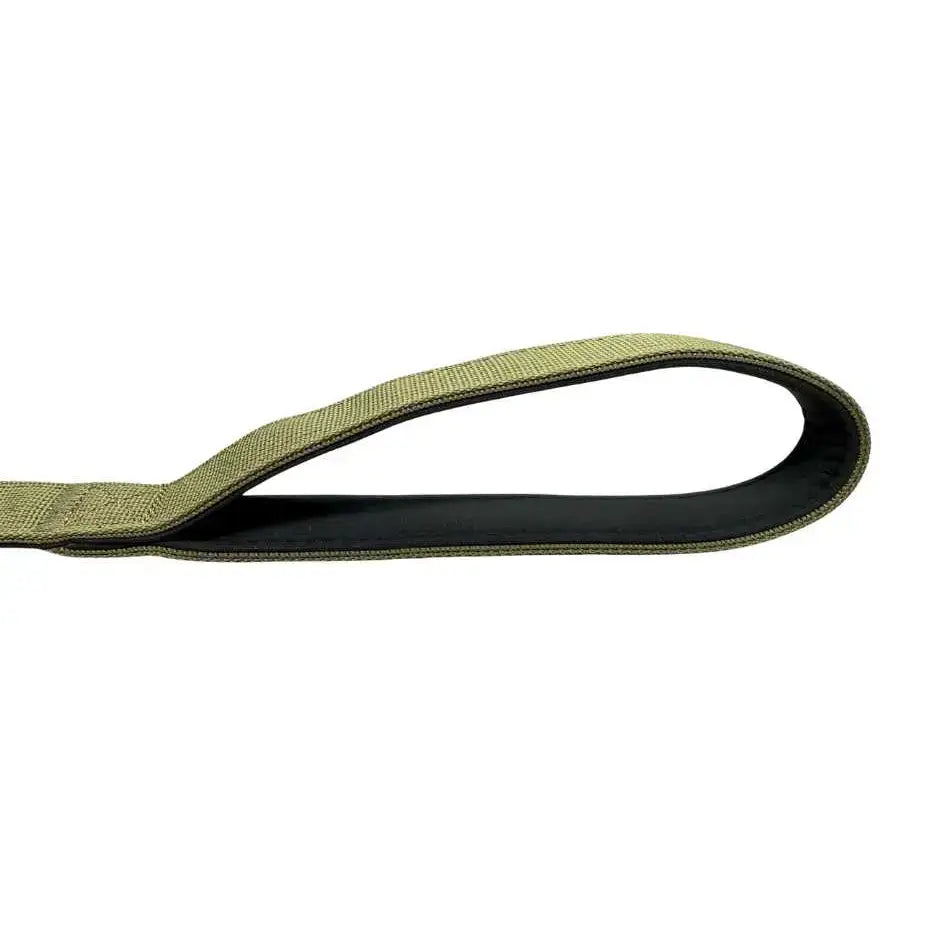 Olive green nylon carabiner clip dog lead with black neoprene lining and anti-tangle swivel buckle by Btactical
