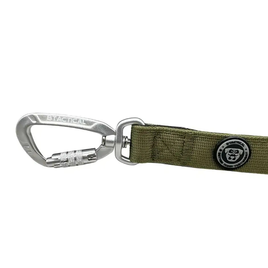 Olive green btactical extra-strong nylon carabiner clip dog leash with branded patch and anti-tangle swivel buckle