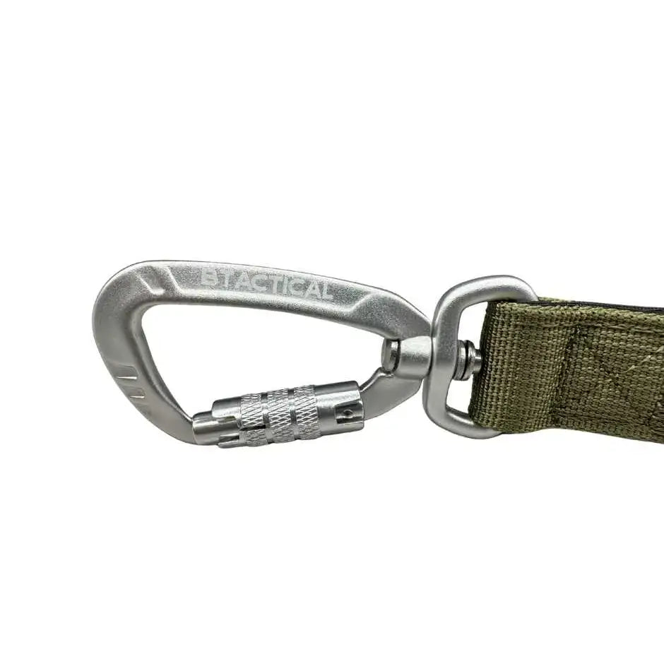 Silver metal carabiner clip dog with textured locking and tactical logo attached to khaki green nylon webbing strap