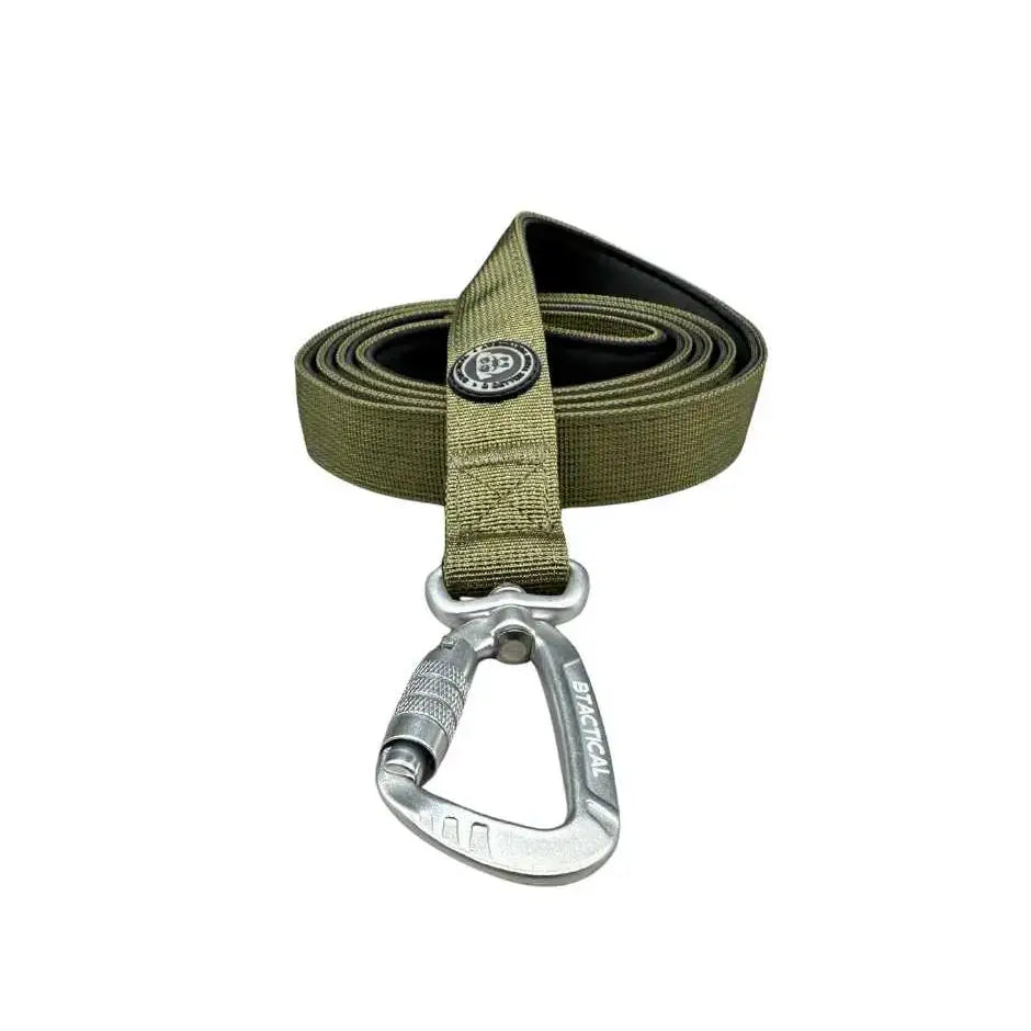 Olive green btactical™ carabiner clip dog leash with extra-strong nylon webbing and silver clip in khaki green