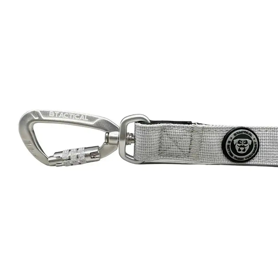 Silver metallic carabiner clip attached to gray woven nylon leash with b tactical logo and anti-tangle swivel buckle