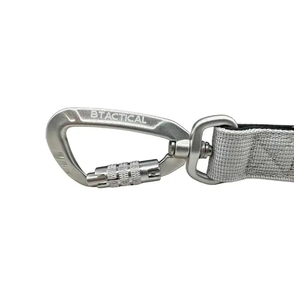 Silver btactical carabiner clip with textured grip and woven gray strap for misty grey dog lead with neoprene lining