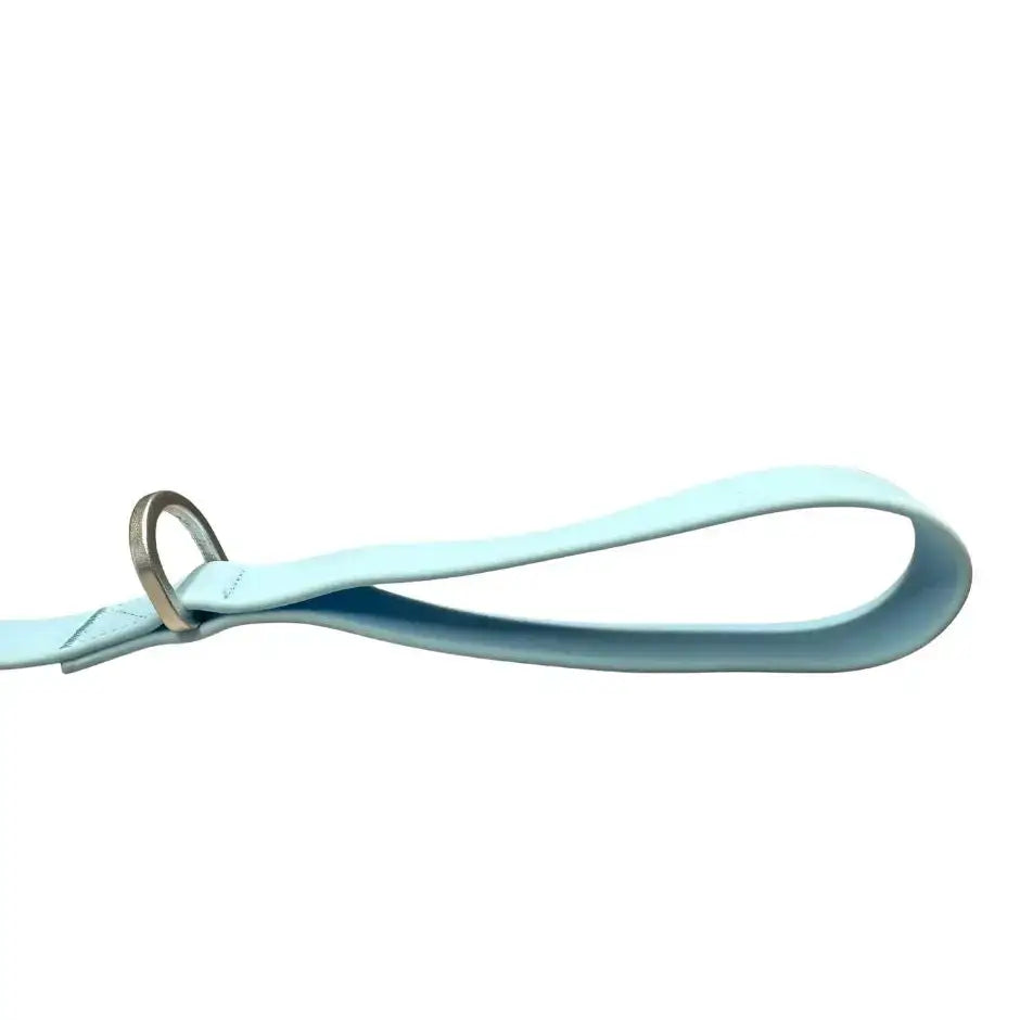 Light blue leather dog leash with silver pvc carabiner clip and anti-tangle swivel buckle for secure walks