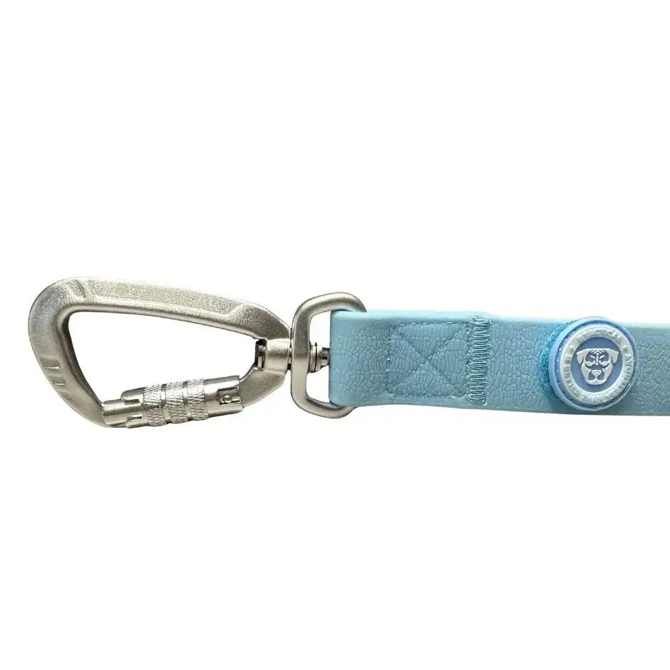 Light blue quilted leather carabiner clip dog leash with silver pvc carabiner clip and bTactical brand emblem