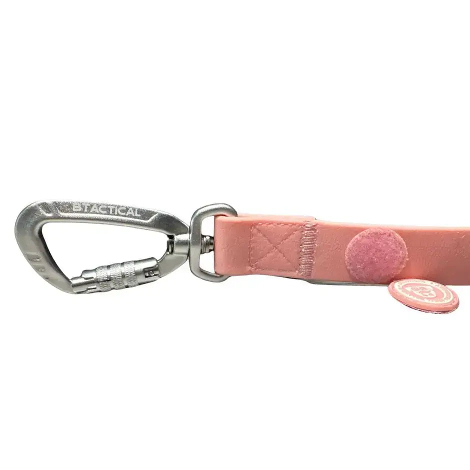 Pastel pink btactical pvc dog lead with anti-tangle swivel buckle leather alternative and silver tactical clip tags