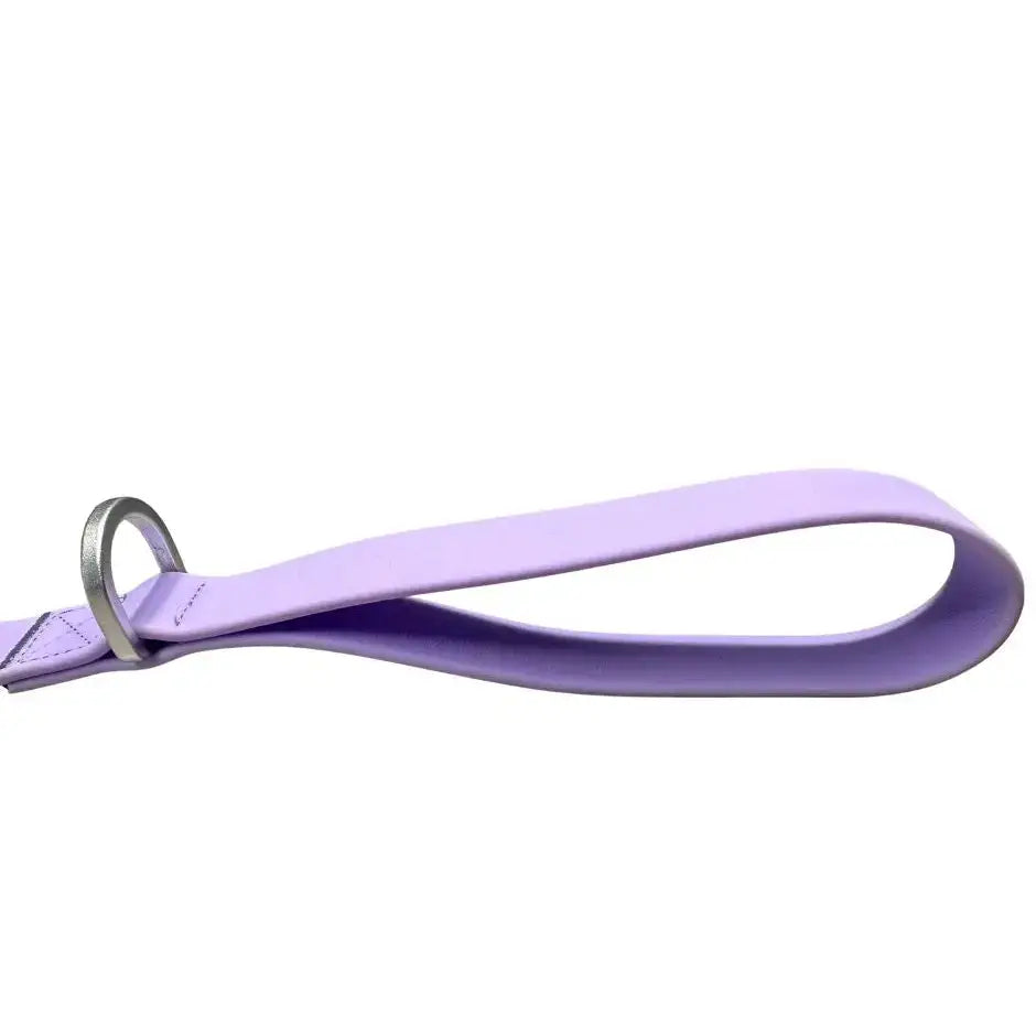 A sleek pastel purple btactical lead with lavender leather and a polished silver pvc carabiner clip for dogs
