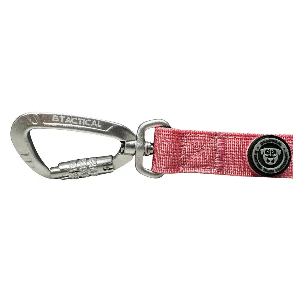 Pink woven fabric dog leash with extra-strong carabiner clip and black btactical logo patch in neoprene padded handle style