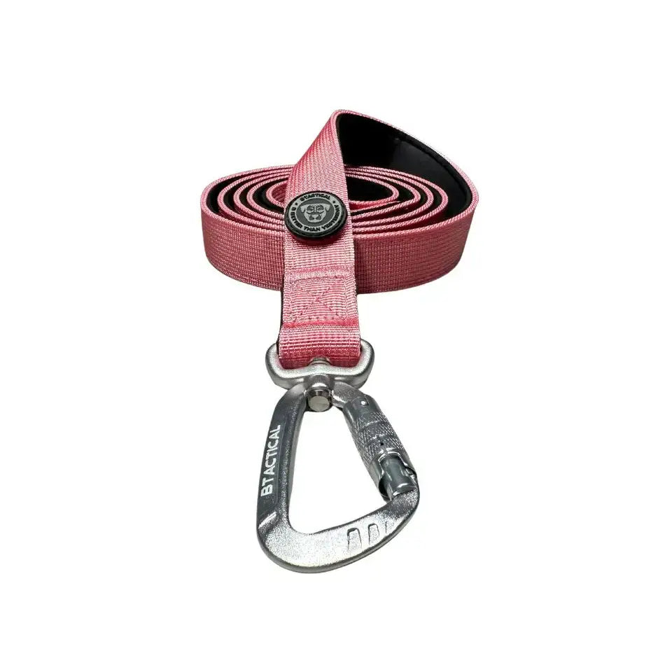 Pink woven webbing dog lead with extra-strong carabiner clip and circular button closure by BTactical