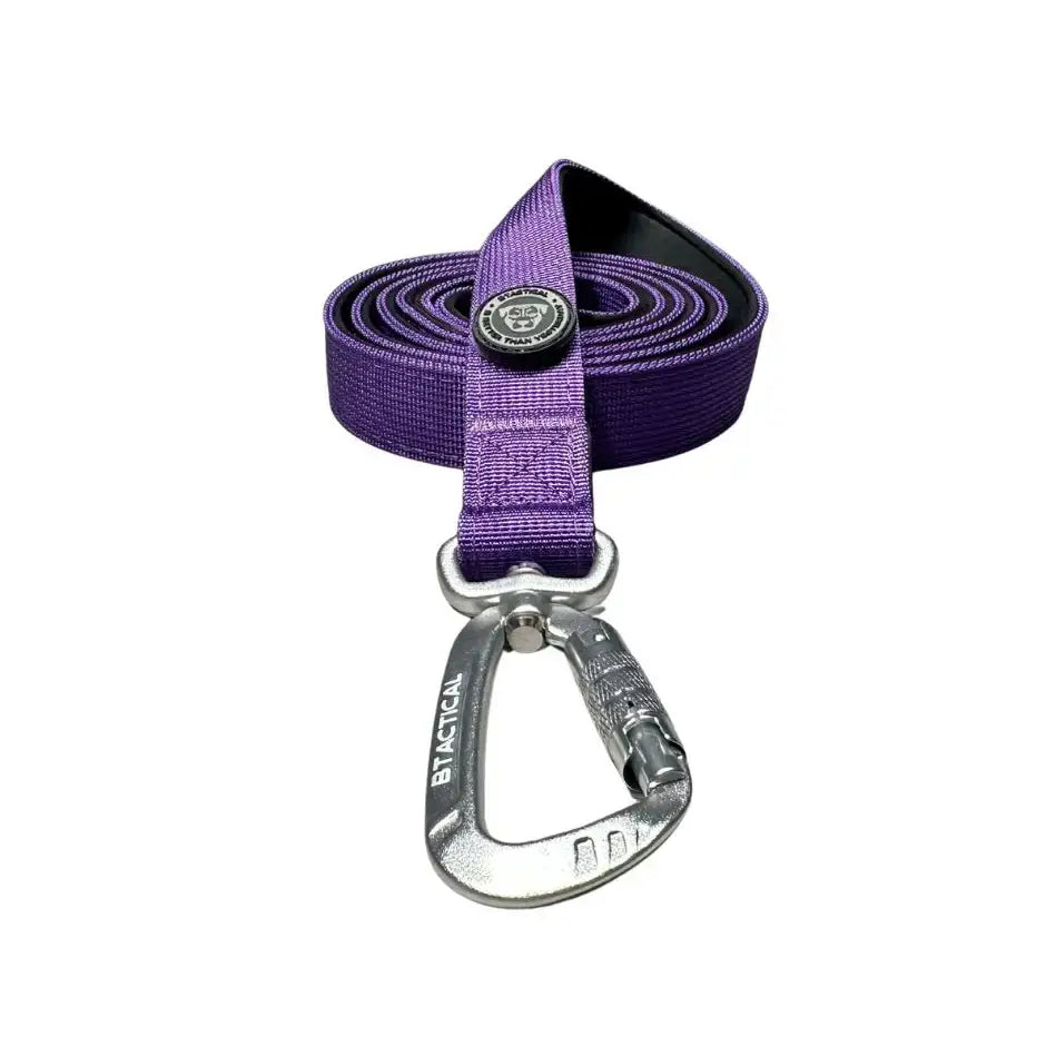 Purple btactical nylon carabiner dog lead with extra-strong carabiner clip and circular metal button