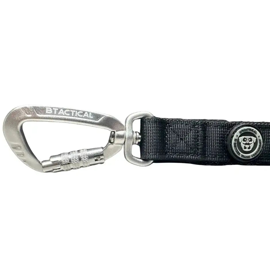 Black woven nylon dog leash with extra-strong carabiner clip and btactical midnight black circular branded button