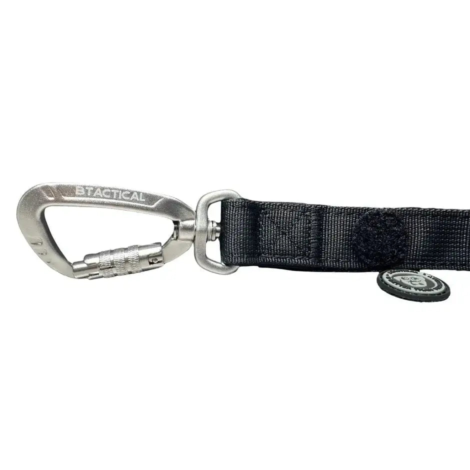 Black tactical webbing leash with extra-strong carabiner clip and circular patch in btactical midnight black