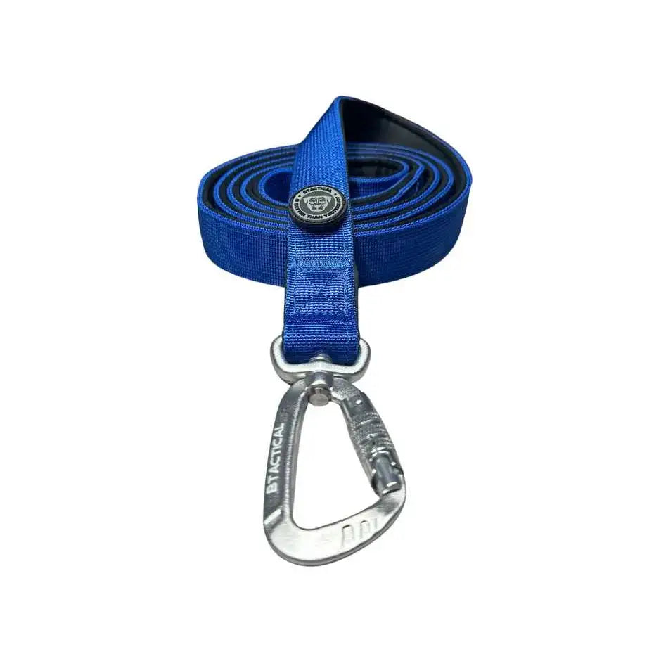 Blue woven nylon dog lead with extra-strong carabiner clip and circular metal button by BTactical nylon carabiner