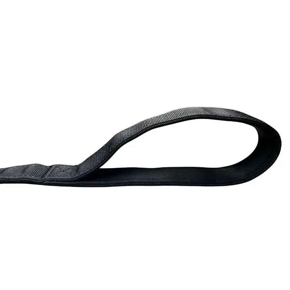 Black woven fabric strap with reinforced loop handle on extra-strong carabiner clip btactical midnight black dog lead