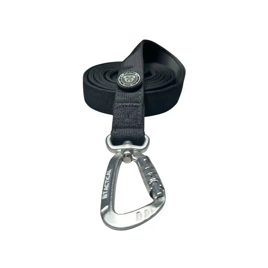 Black woven btactical midnight black dog lead with extra-strong carabiner clip and branded button