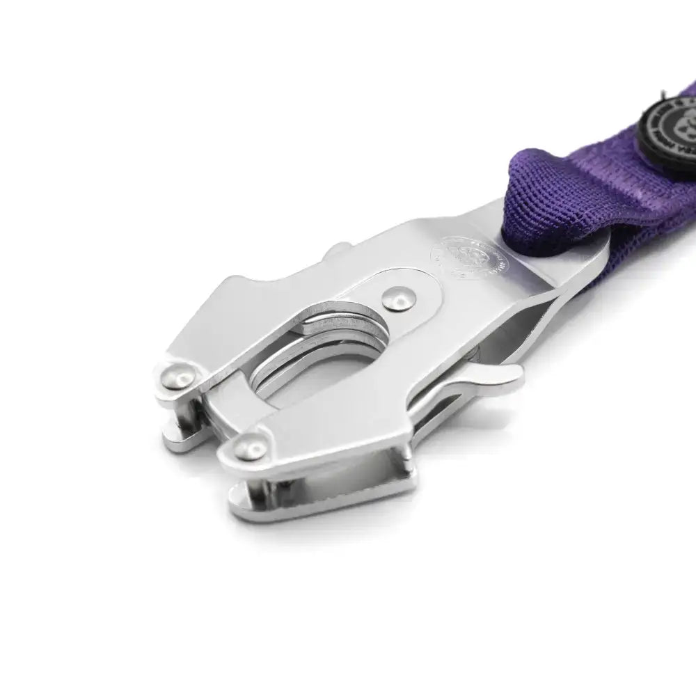 Silver metal extra-strong frog clip with purple btactical nylon frog strap for anti tangle dog lead