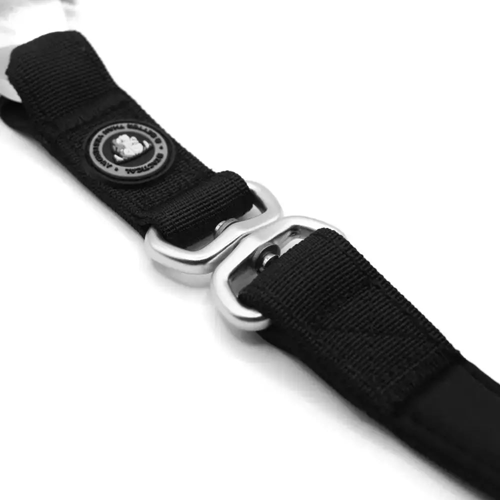 Black nylon strap with silver metal buckles and circular logo patch on b tactical extra-strong frog clip dog lead