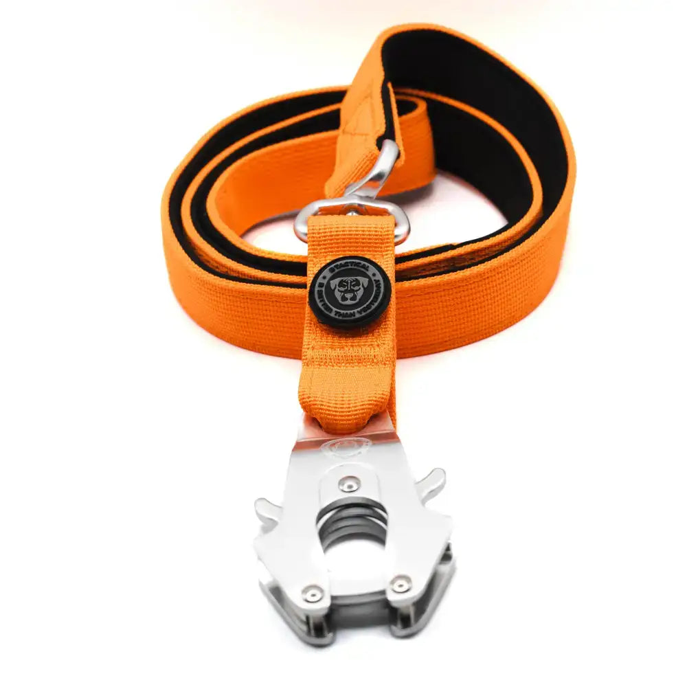 Btactical nylon frog clip dog lead in citrus orange with extra-strong frog clip and black neoprene padded handle