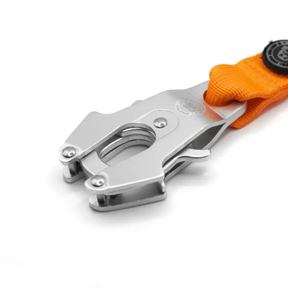 Silver metal extra-strong frog clip with orange btactical nylon frog loop and black logo on dog lead clip end