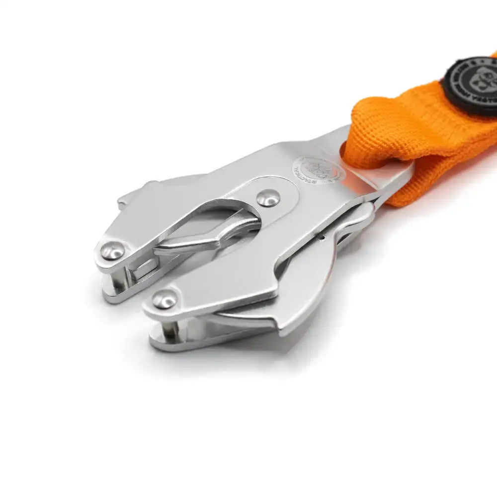 Silver metal ratchet strap clip with orange btactical nylon frog loop and black logo on extra-strong frog clip lead