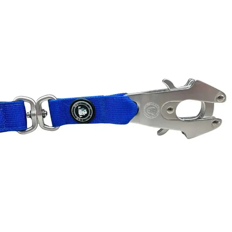Blue btactical nylon frog clip dog lead with extra-strong frog clip and silver metal hardware for anti-tangle use