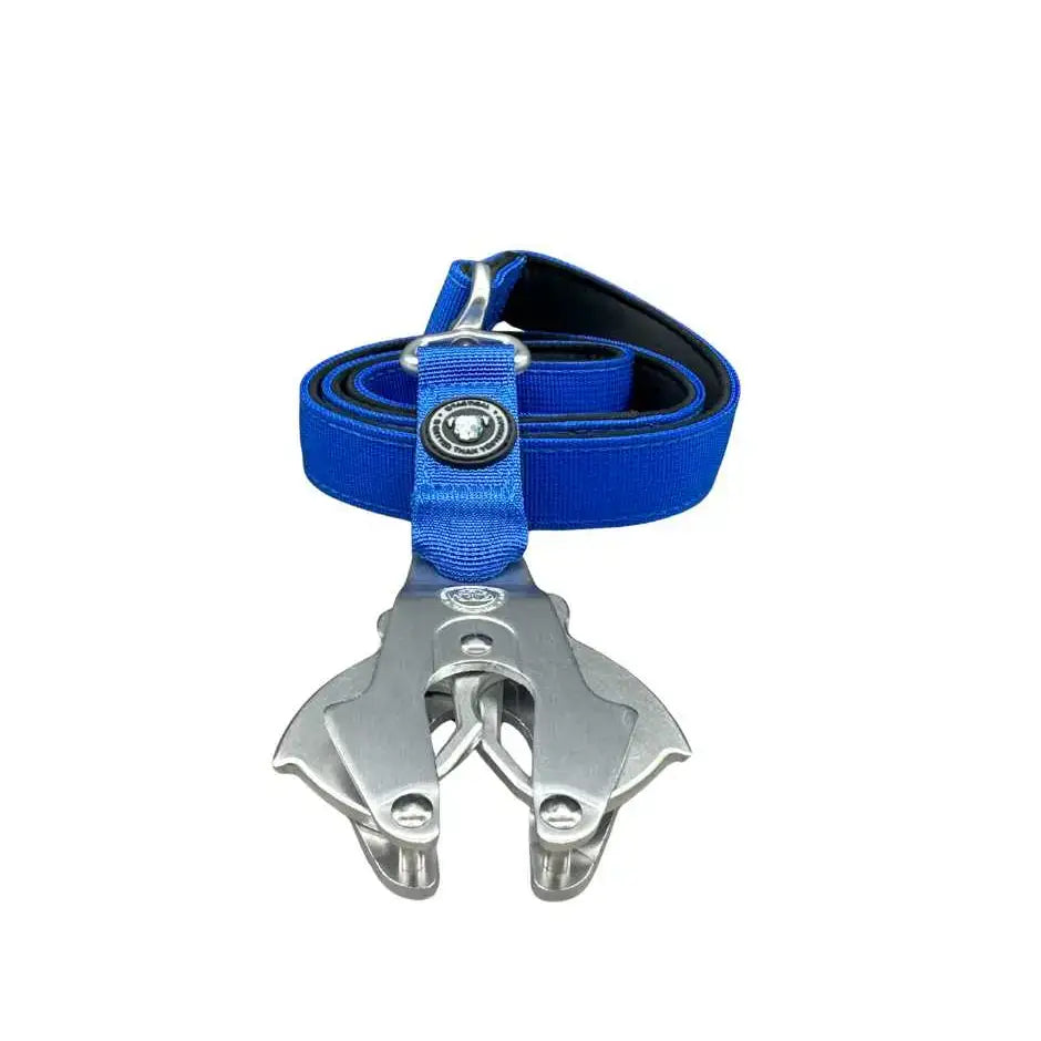 Blue btactical nylon frog clip dog lead with extra-strong frog clip and silver metal clip attachment