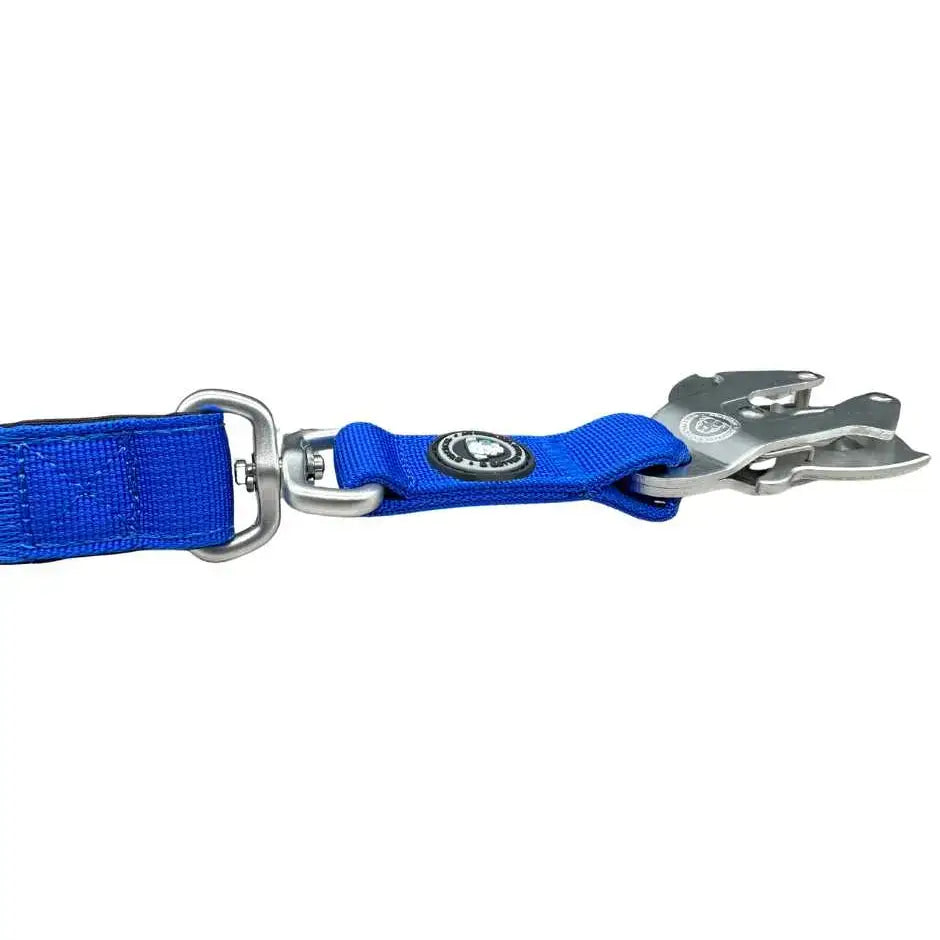 Blue btactical nylon frog clip dog lead with extra-strong frog clip and silver metal hardware clip attachment