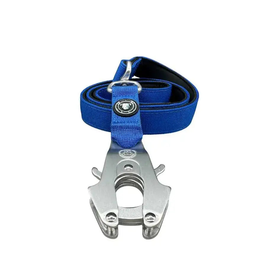 Blue nylon btactical nylon frog dog lead with extra-strong frog clip and silver metal attachment clip