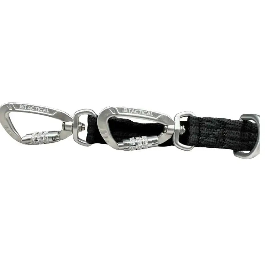 Black woven btactical nylon frog dog training lead with silver carabiner clips and anti-tangle swivel buckle
