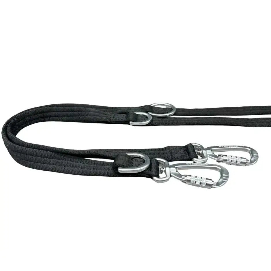 Black btactical nylon frog clip dog training lead with anti-tangle swivel buckle and silver carabiners in midnight black