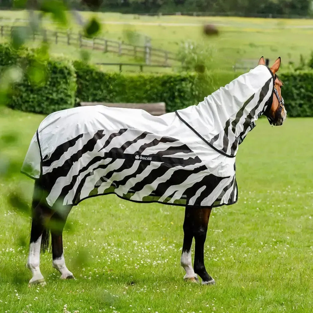 White and black zebra-striped buzz-off rain zebra fly rug with waterproof material and bucas buzz logo on side