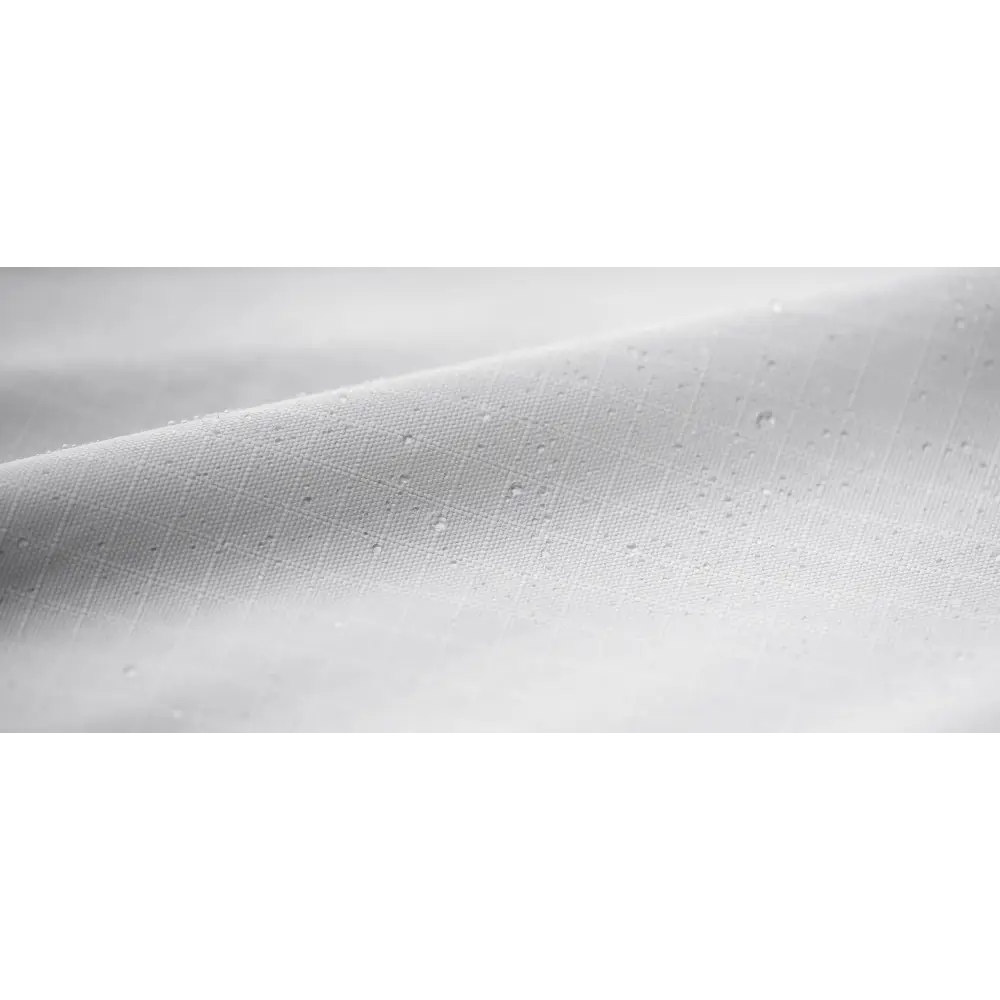 White lightweight waterproof fly rug fabric with subtle woven texture and small water droplets for bucas buzz-off rain zebra