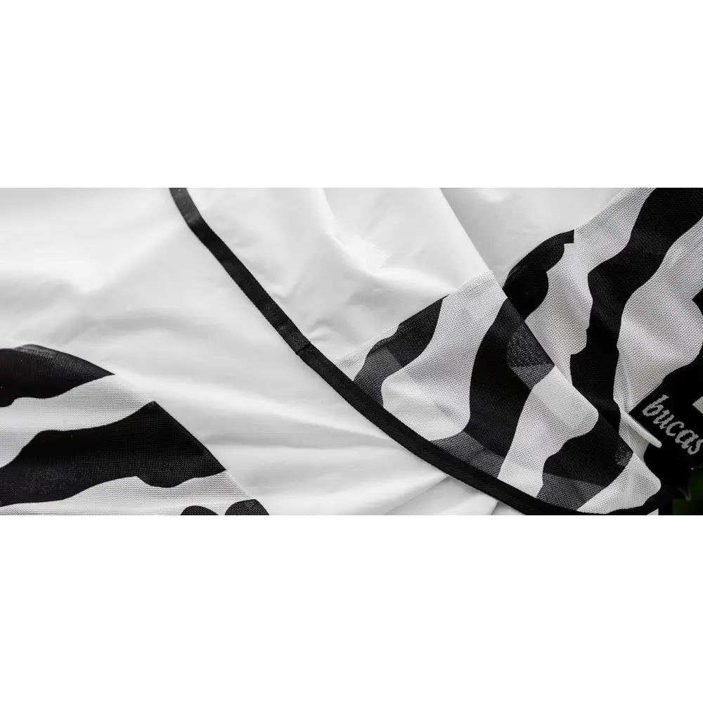 Black and white buzz off rain zebra waterproof fly rug with subtle mesh texture and bucas buzz brand label