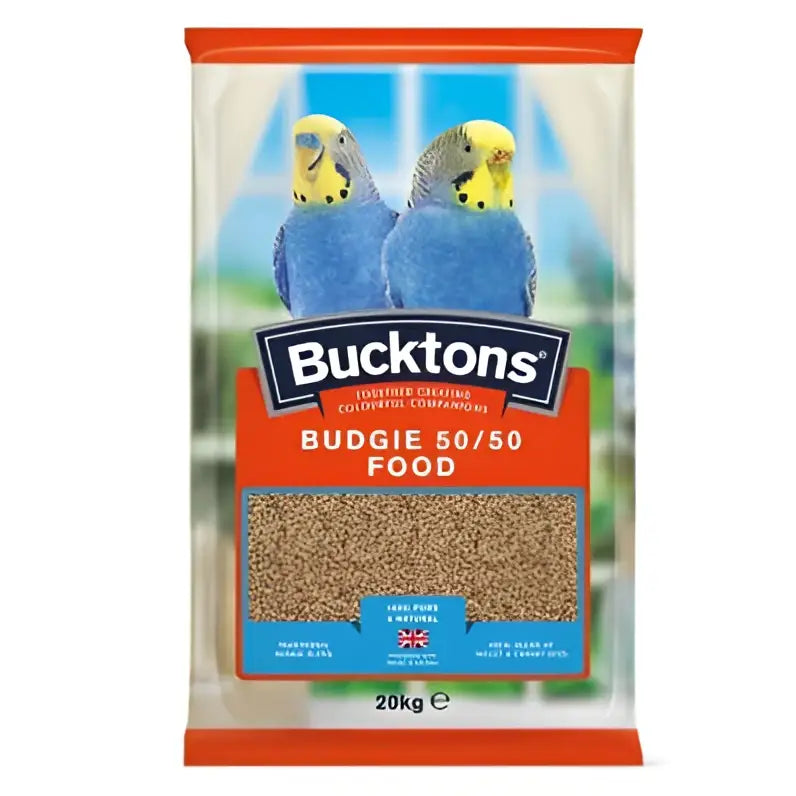 Bucktons 50 50 budgie 20 kg bag of mixed seed pellets in clear packaging with orange and blue branding