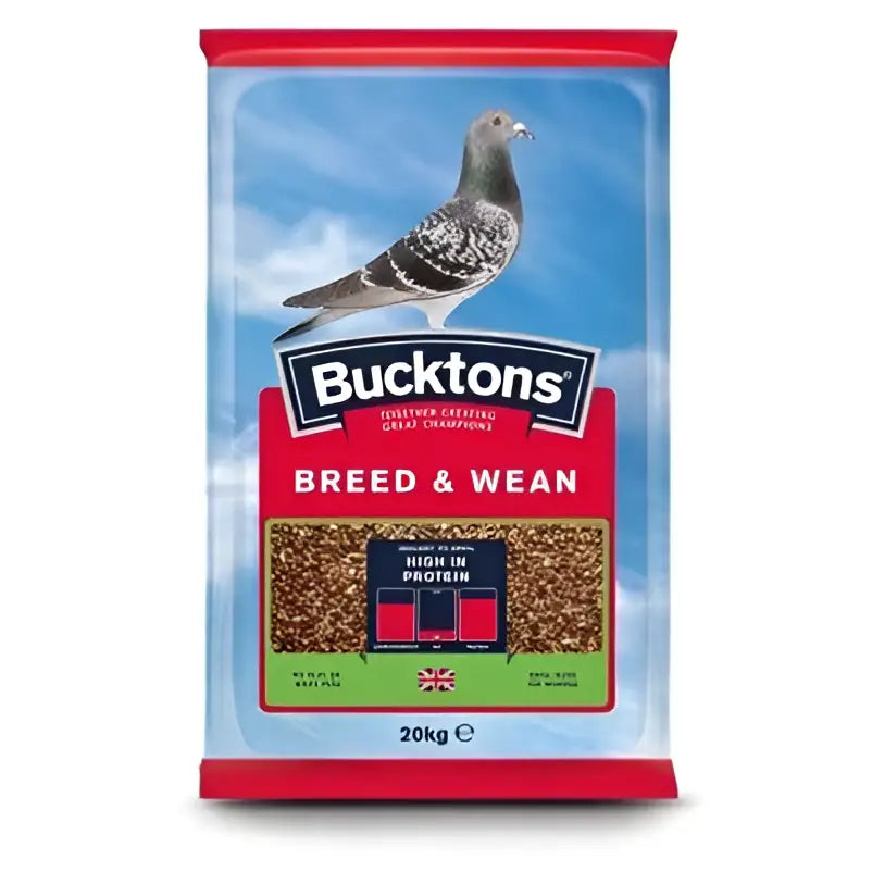 Bucktons breed & wean 20 kg pigeon feed with high protein granules in red blue and green packaging ideal for equestrian use